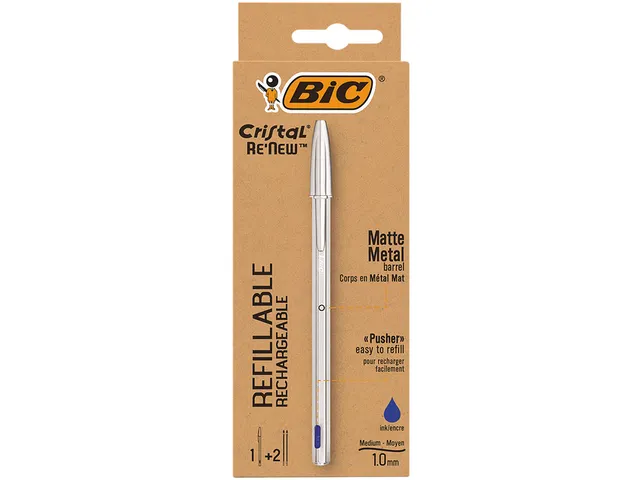 Balpen Bic Cristal Re-new medium zilver + 2 vullingen blauw