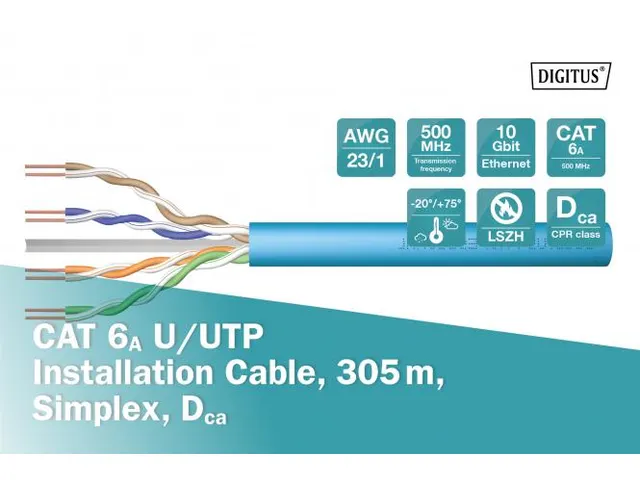 CAT 6A U-UTP installatiekabel 500MHz Dca AWG 23/1 305m Haspel Sx Blauw
