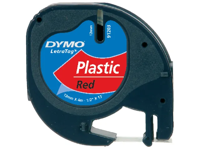Labeltape Dymo Letratag 91203 plastic 12mm zwart op rood S0721630