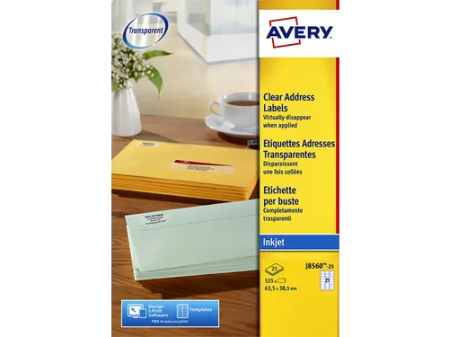 Adresetiket Avery J8560-25 63,5x38,1mm Transparant Inkjet 525 stuks