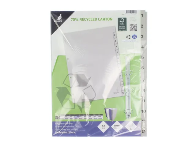 Tabblad ECO Kangaro A4 cijfers 180 grams grijs karton 4-gaats 12-delig