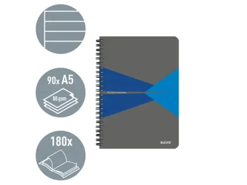 Notitieboek Leitz Office A5 lijn 180pag grijs Blauw