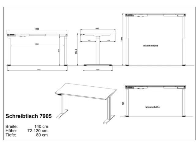 Bureau à hauteur réglable élec.,HxlxP 720-1200x1400x800mm