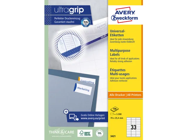 Etiket Avery Zweckform 3421 70x25.4mm wit 3300stuks