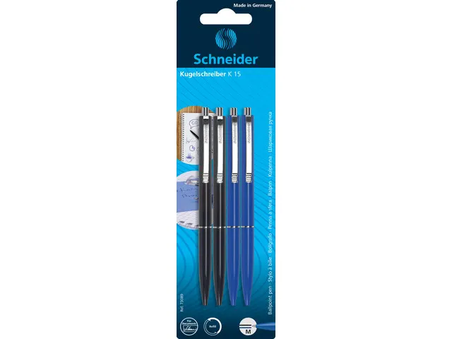 Balpen Schneider K15 navulbaar drukknop blister a 4 stuks