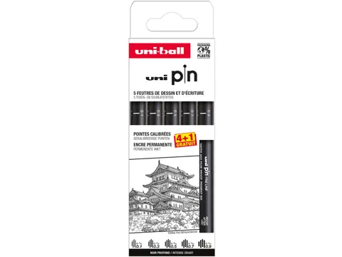 Uni Pin fineliner set zwart 0,1-0,9 mm 4+1 gratis