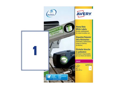 Weerbestendige etiketten Avery 210x297mm Polyester Wit 20 stuks