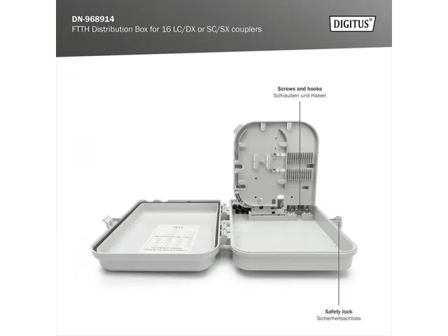 Buiten FTTH-box voor 16 kabels en 16x LC/DX of 16x SC/SX