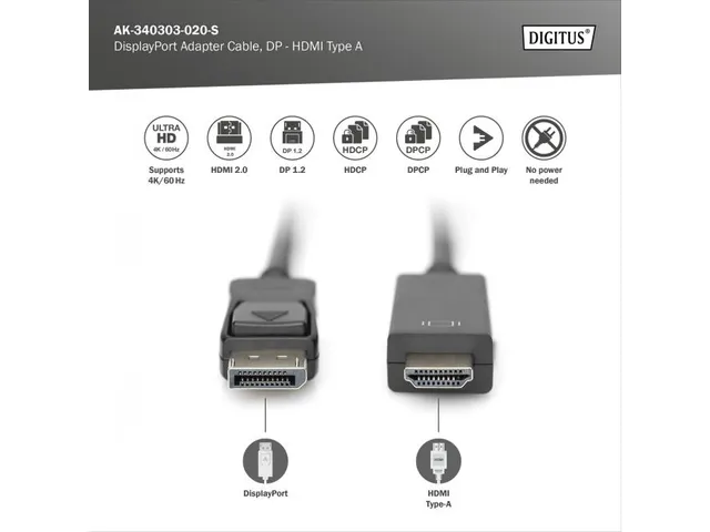 DisplayPort-adapterkabel type DP 1.2 HDMI 2.0 type A M/M 2m 4K@60Hz