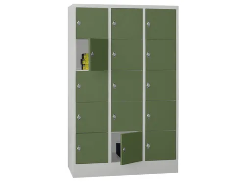 lockerkast,HxBxD 1850x1200x500mm,3x5vakken,RAL7035,front RAL6011