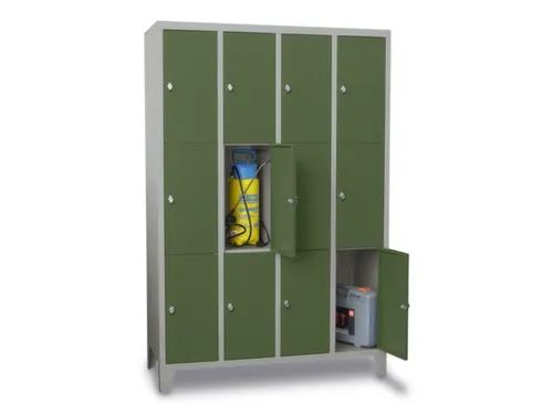 lockerkast,HxBxD 1850x1200x500mm,4x3vakken,RAL7035,front RAL6011