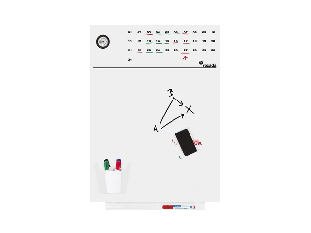 Whiteboard Rocada Skinclock 55x75cm wit gelakt met klok en kalender