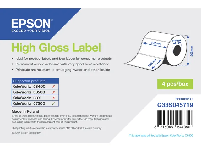 High Gloss Label C33S045719 Die-cut Roll 102x152mm 800 labels