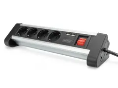 4-voudige kantoorstekkerdoos met 2x USB-poorten USB 5V/2A zwart/zilver