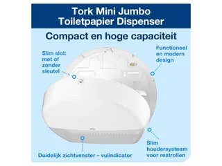 Tork 555000 T2 Mini Jumbo Toiletpapier Dispenser Elevation Wit - 2