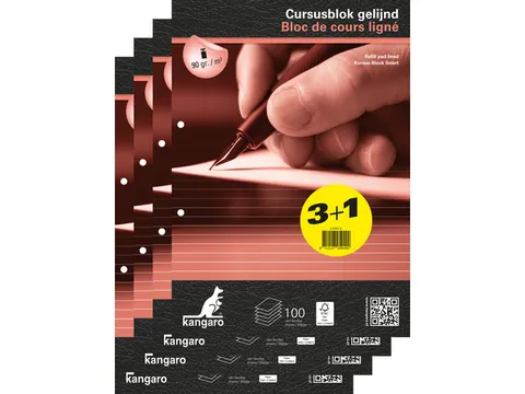 Cursusblok Kangaro A4 lijn 8mm 90 grams 100 vel pak 4 stuks