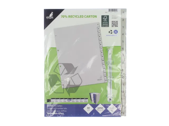 Tabblad ECO Kangaro A4 cijfers 180 grams grijs karton 4-gaats 15-delig