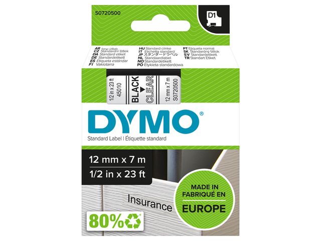 Labeltape Dymo 45010 D1 720500 12mmx7m zwart op transparant | DymoEtiket.be