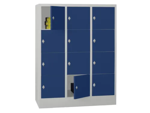 lockerkast,HxBxD 1518x1200x500mm,3x4vakken,RAL7035,front RAL5010