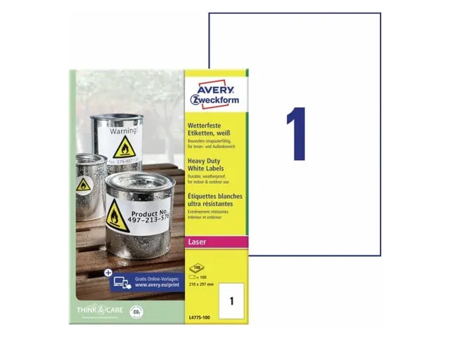 Avery Zweckform L4775 Weerbestendige etiketten A4 210x297 Wit 100stuks