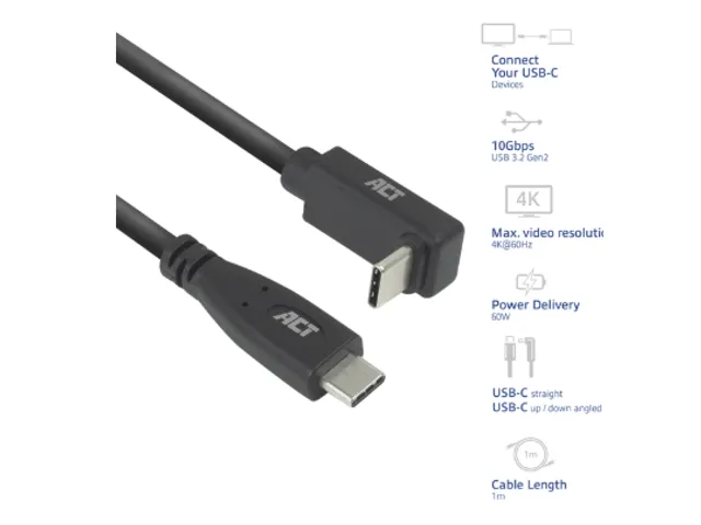 Kabel ACT USB-C standaard naar USB-C hoek boven/beneden 10Gbps 1m