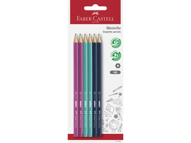 Potlood Faber-Castell 1111 HB 6 stuks op blister kleuren: roze, aqua e