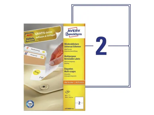 Etiket Avery L4734REV-25 199.3x143.5mm Afneembaar Wit 50 Stuk