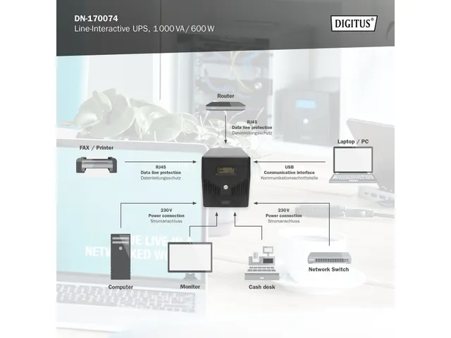 Digitus Line-Interactive UPS 1000 VA/600W 12V/7Ah x2 batterij LCD