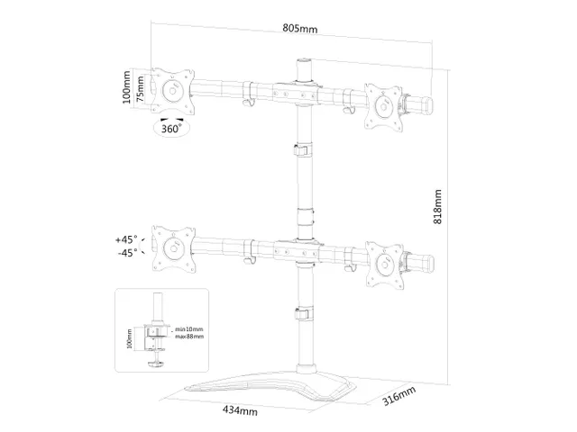 Newstar Monitorarm 4 Schermen 27 Inch Zwart Nm-d335d4black