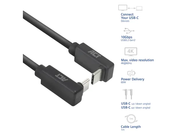Kabel ACT USB-C hoek boven/beneden 10Gbps 1m