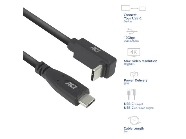 Kabel ACT USB-C standaard naar USB-C hoek boven/beneden 10Gbps 1m