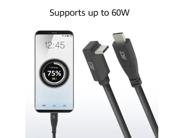 Kabel ACT USB-C standaard naar USB-C hoek boven/beneden 10Gbps 1m