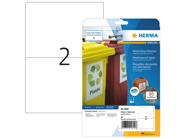Inkjet Etiket Herma 4600 210x148mm Weervast Folie Wit 20 stuks | HermaLabels.nl
