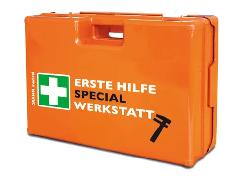 verbandkoffer,v. werkplaats,DIN 13157,ABS oranje,m. wandhouder