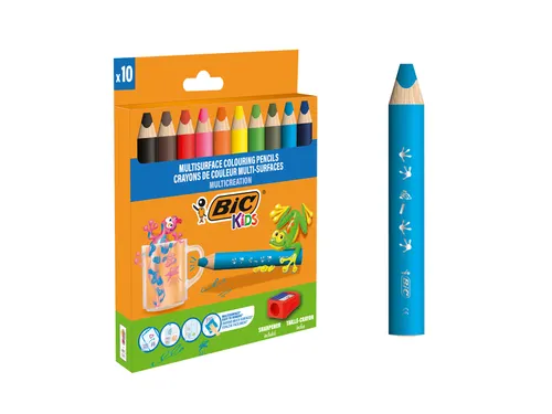 Kleurpotloden BicKids Multi Surface + puntenslijper assorti 10 stuks