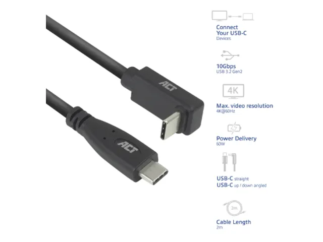 Kabel ACT USB-C standaard naar USB-C hoek boven/beneden 10Gbps 2m