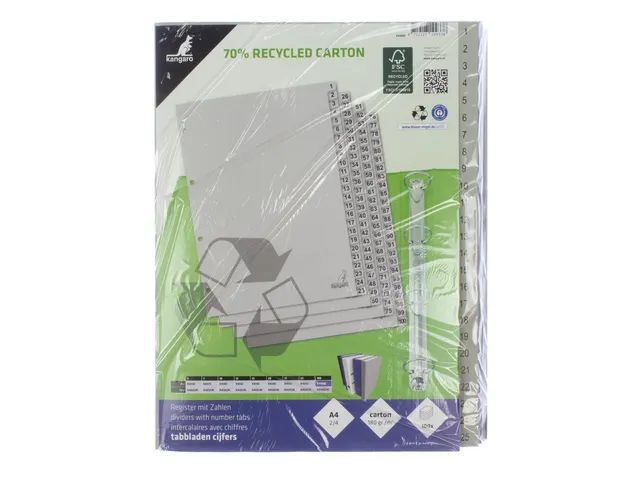 Tabblad ECO Kangaro A4 cijfers 180 grams grijs karton 4-gaats 100-deli