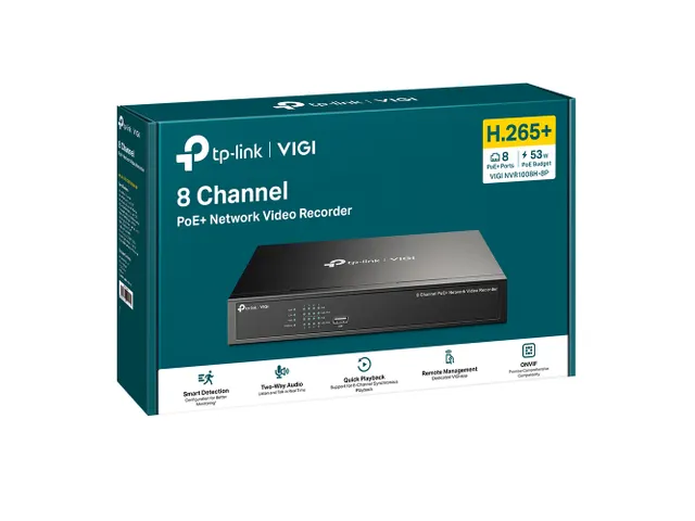 TP-Link VIGI NVR1008H-8P, 8 canaux, 3840 x 2160 pixels, 8 canaux, 720p