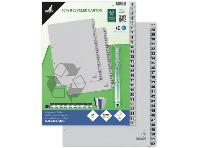 Tabblad ECO Kangaro A4 cijfers 180 grams grijs karton 4-gaats 52-delig
