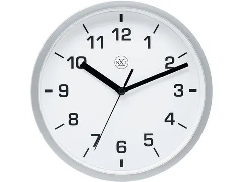 wandklok NXT diameter 20cm kunststof zilver, witte wijzerplaat cijfers