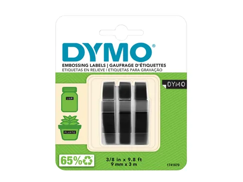 Reliëftape Dymo embossing plastic 9mm zwart op wit 3 stuks