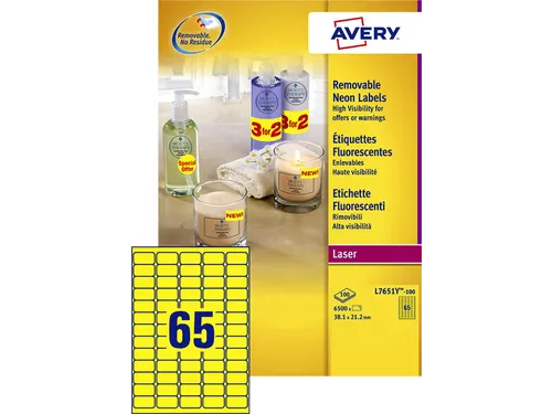 Etiket Avery L7651 Y-100 38.1x21.2mm Neon Geel 6500 Stuks