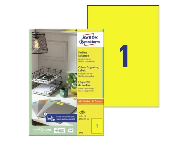 Gekleurde Etiketten Avery Zweckform 210x297mm A4 Geel 100 stuks