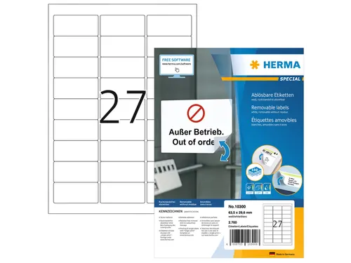 HERMA 10300 Verwijderbare etiketten A4 63,5x29,6mm Wit 2700 stuks