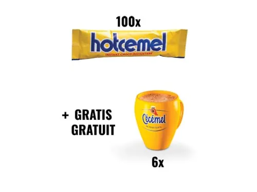 Actie Hotcemel: Hotcemel chocoladepoeder 30g (46820)+ GRATIS 6 mokken