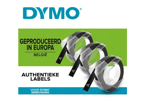 Reliëftape Dymo embossing plastic 9mm zwart op wit 3 stuks