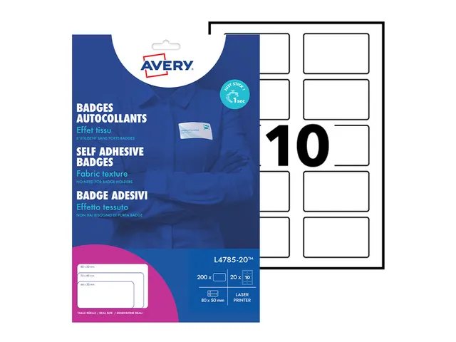 Naambadge etiket Avery L4785-20 80x50mm Laserprinter 200 stuks