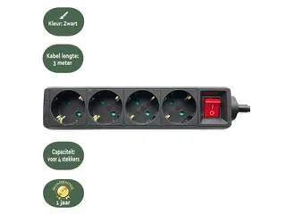 Stekkerdoos BRASQ 4 voudig 3 meter zwart - 4