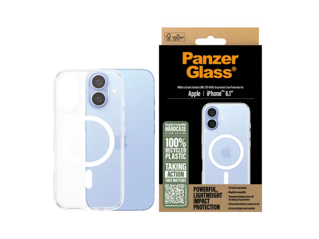 PanzerGlass HardCase Transparent w. White MagSafe iPhone 16, Hoes,