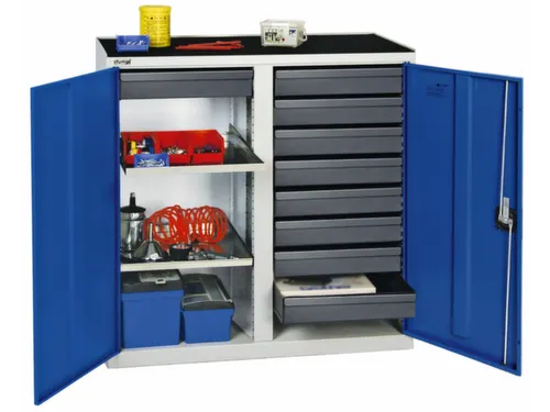 Materiaalkast 1000x1000x500mm 2legborden Uitschuifbaar 9laden Ral5010
